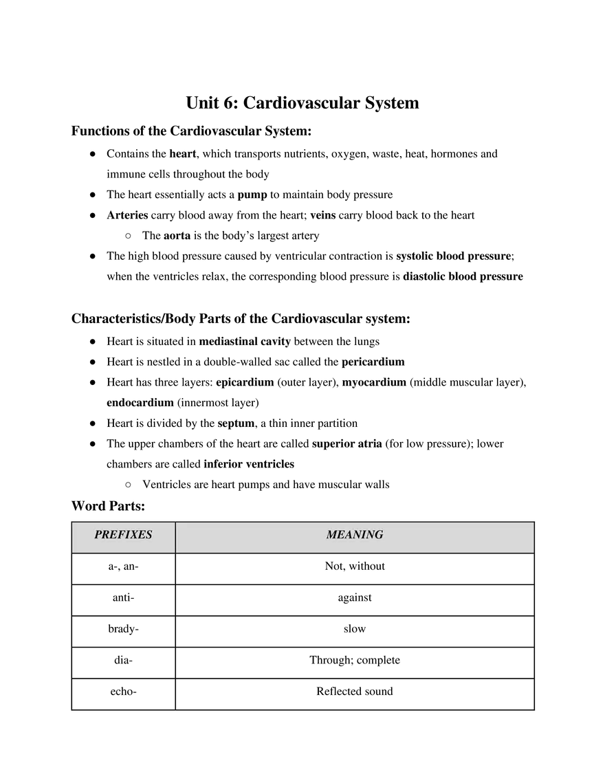 Medical Terminology Unit 6 Cardiovascular System - Page 1