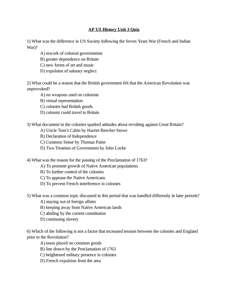 AP US History Unit 3 Quiz - Page 1
