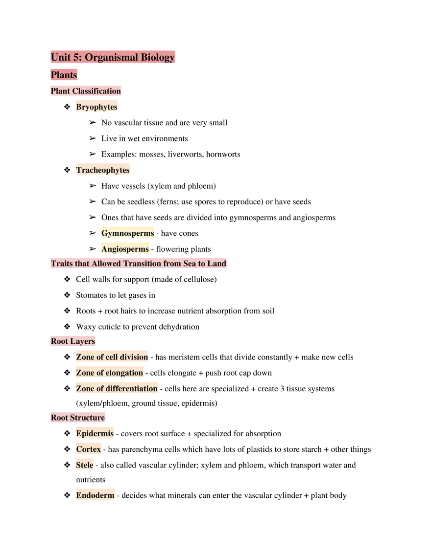 Test Guide Unit 5 Organismal Biology - Page 1
