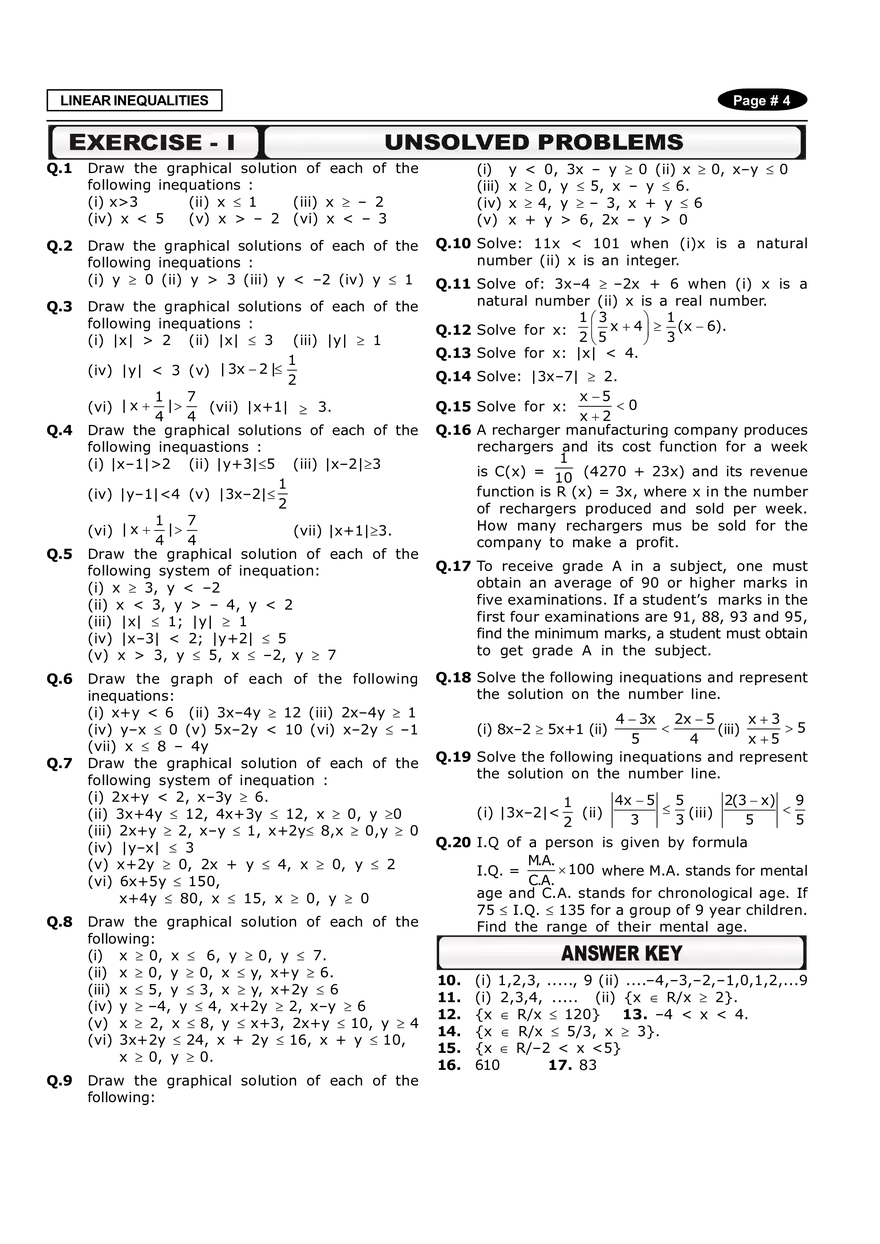 Linear Inequalities Exercise - I - Page 1