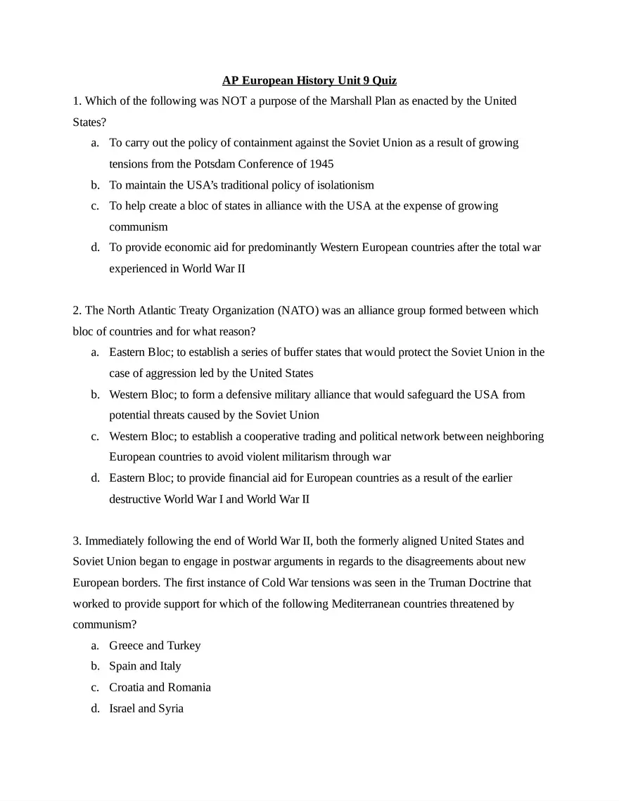 AP European History Unit 9 Quiz - Page 1