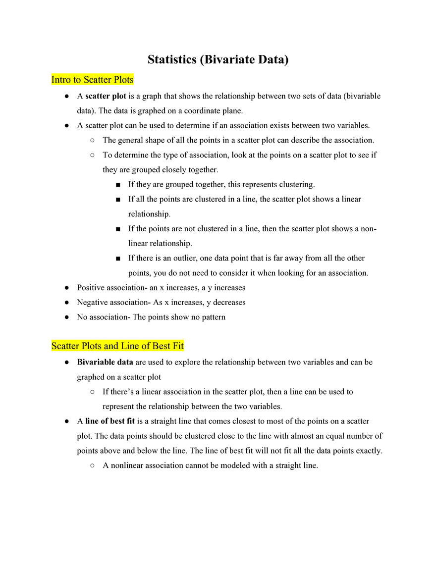Pre Algebra Statistics (Bivariate Data) - Page 1
