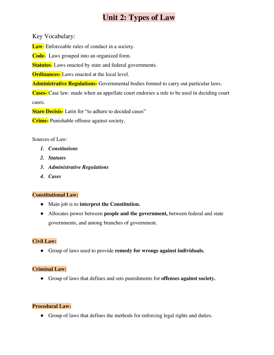 Business and American Law Unit 2 Types of Law - Page 1