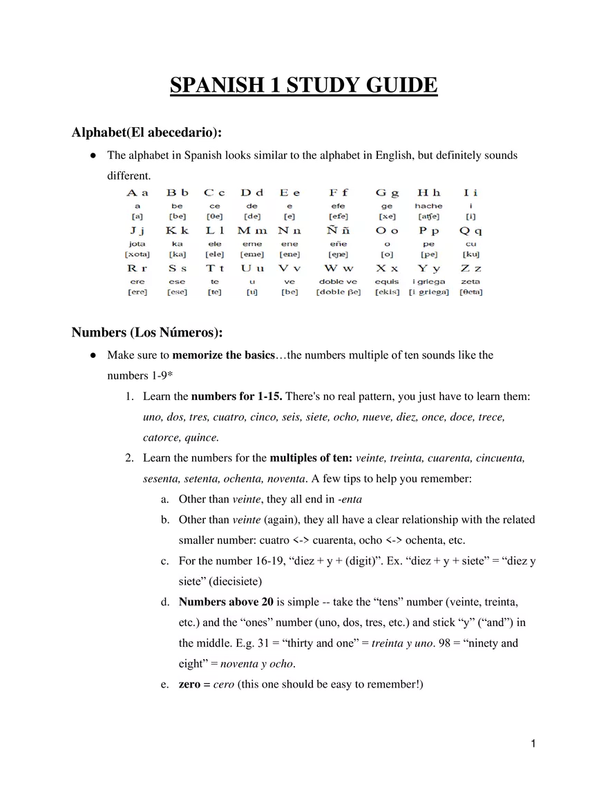 Spanish 1 Study Guide - Page 1
