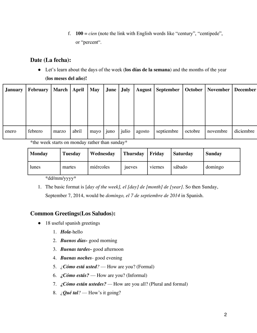 Spanish 1 Study Guide - Page 2