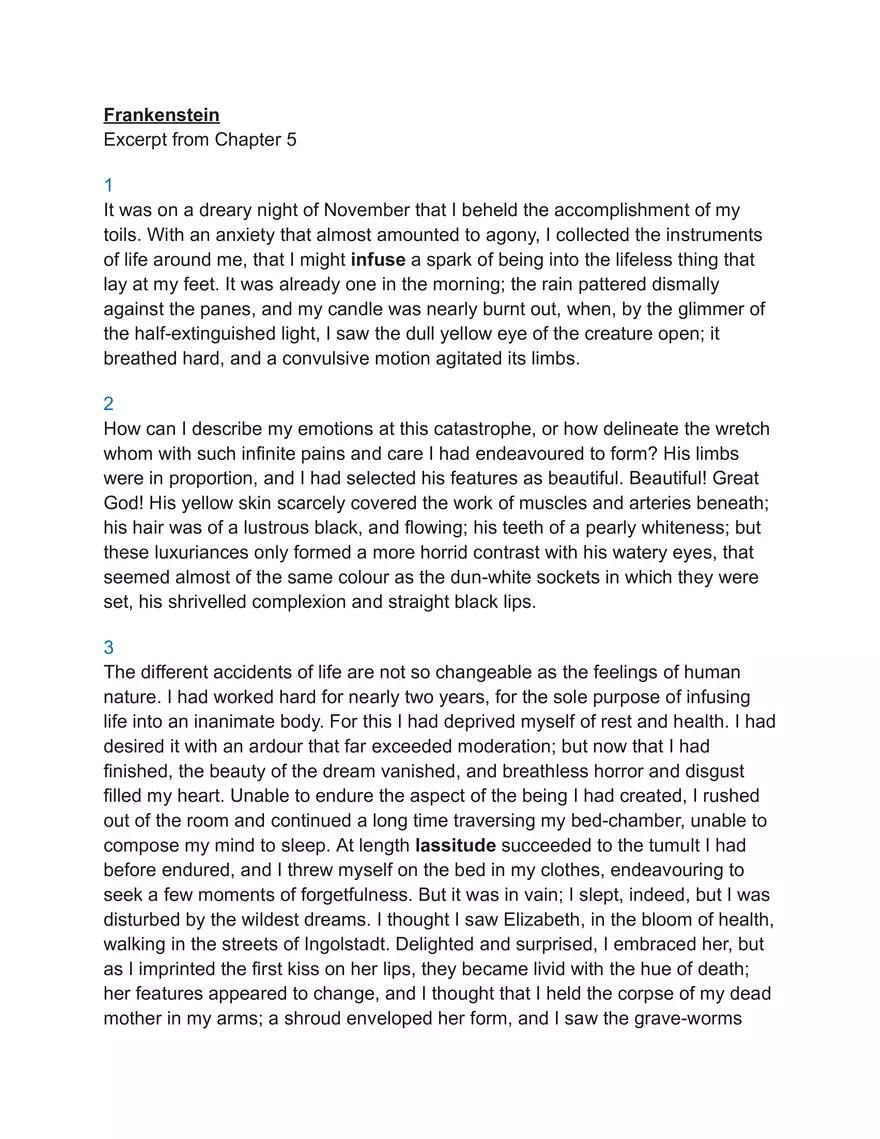 Frankenstein Excerpt from Chapter 5 - Page 1