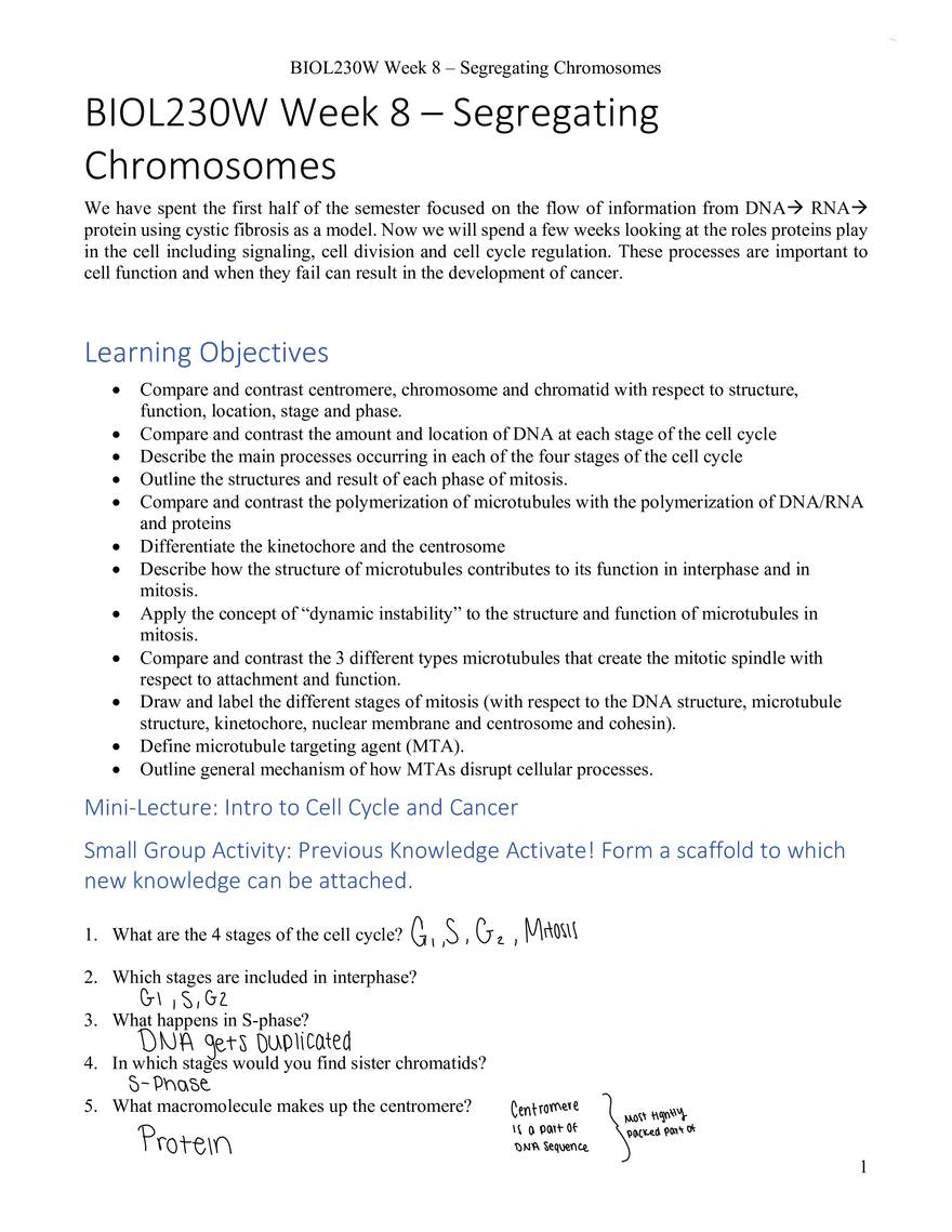 Bio 230W Week 8 Learning Guide with Answers - Page 1