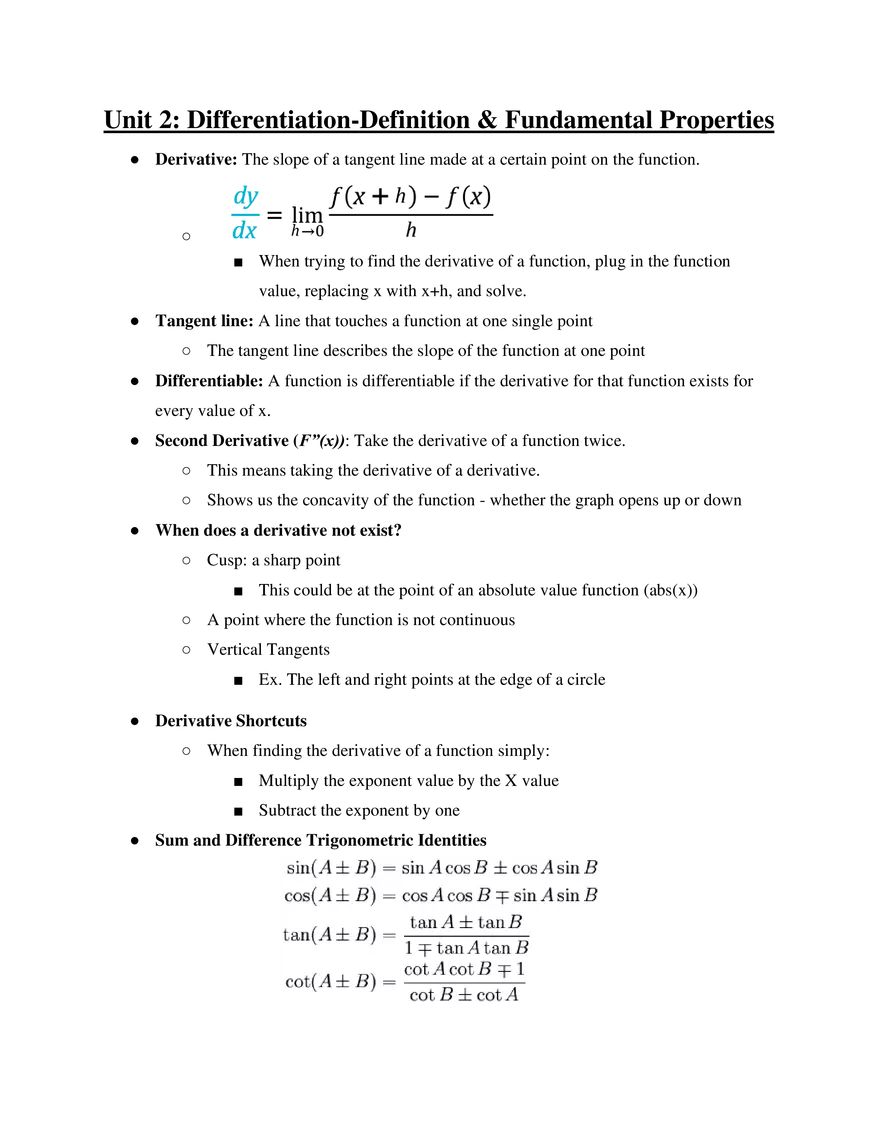 AP Calculus Unit 2 Differentiation - Definition & Fundamental Properties - Page 1