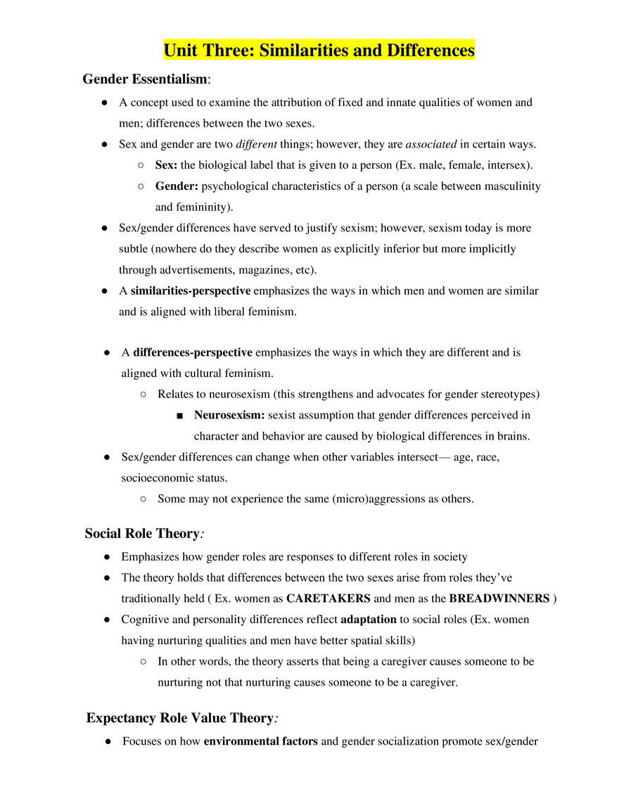 Women’s Psychology Unit 3 - Page 1