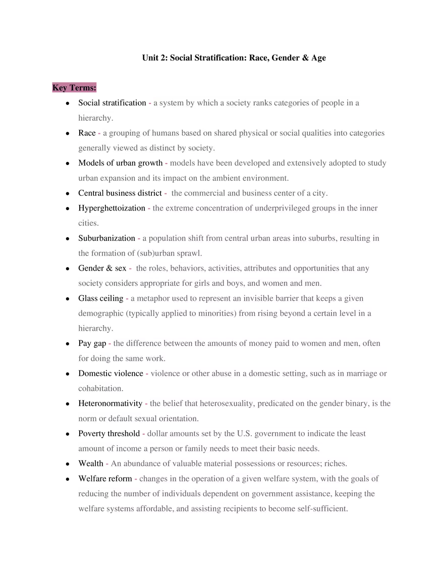 Sociology Unit 2 Race, Gender, & Social Stratification - Page 1
