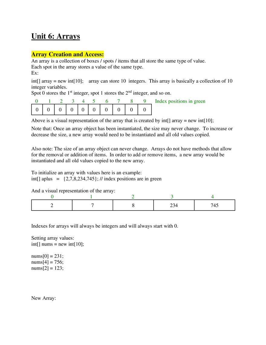 AP Computer Science A   Unit 6 Arrays - Page 1