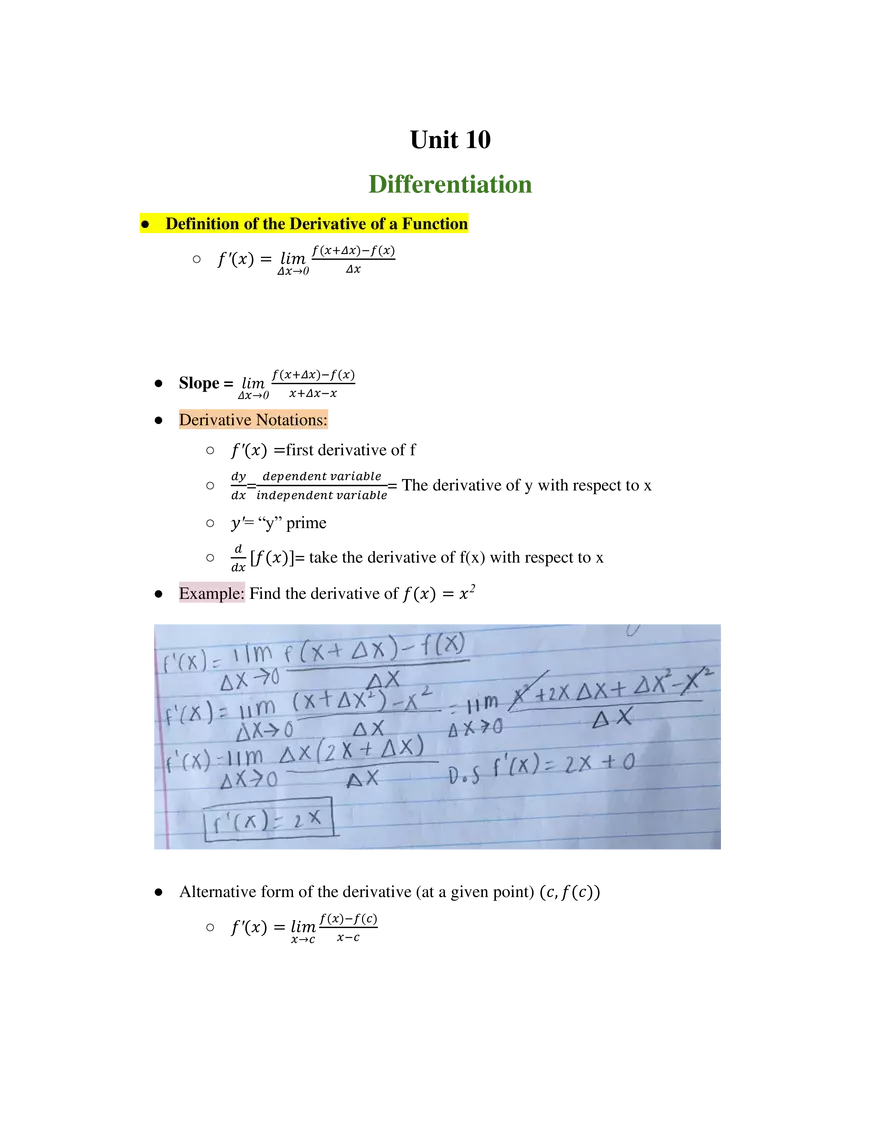 Unit 10 Differentiation - Page 1