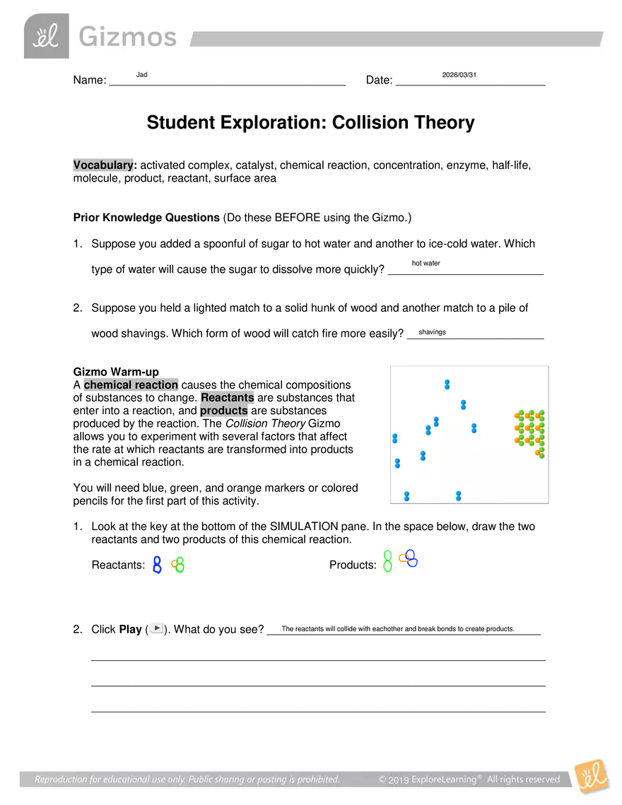 Student Exploration: Collision Theory - Page 1