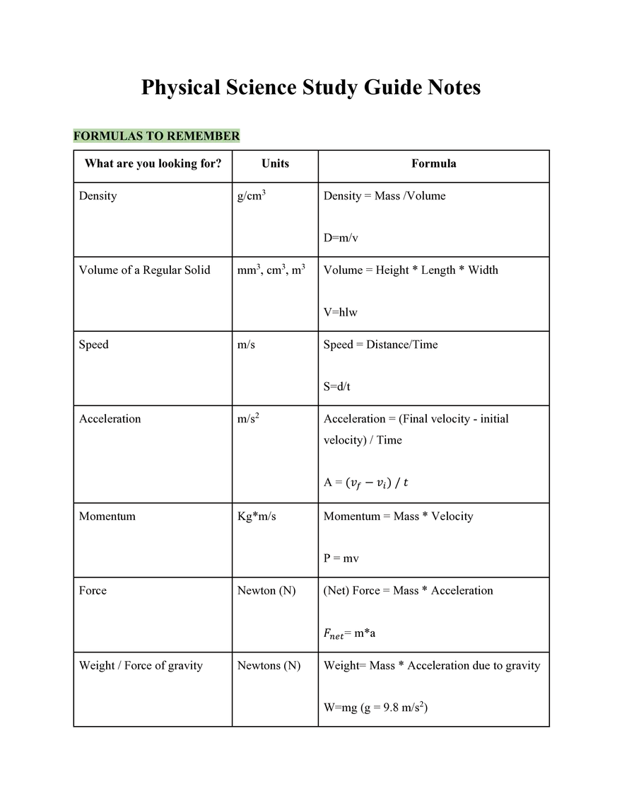 Physical Science Study Guide Notes - Page 1