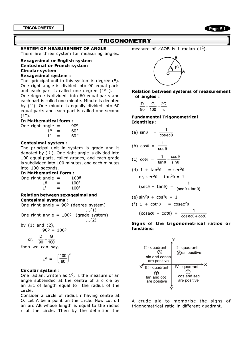 Trigonometry Notes - Page 1