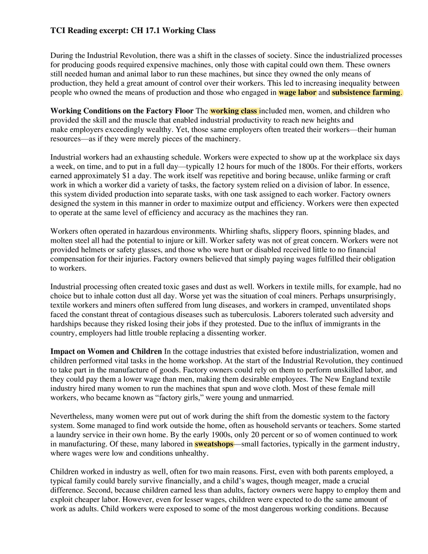 TCI Reading excerpt: CH 17.1 Working Class - Page 1