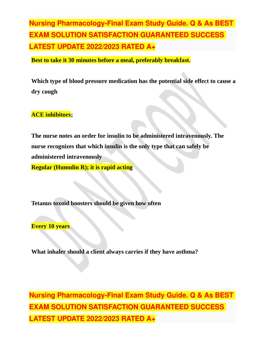 Nursing Pharmacology-Final Exam Study Guide - Page 13