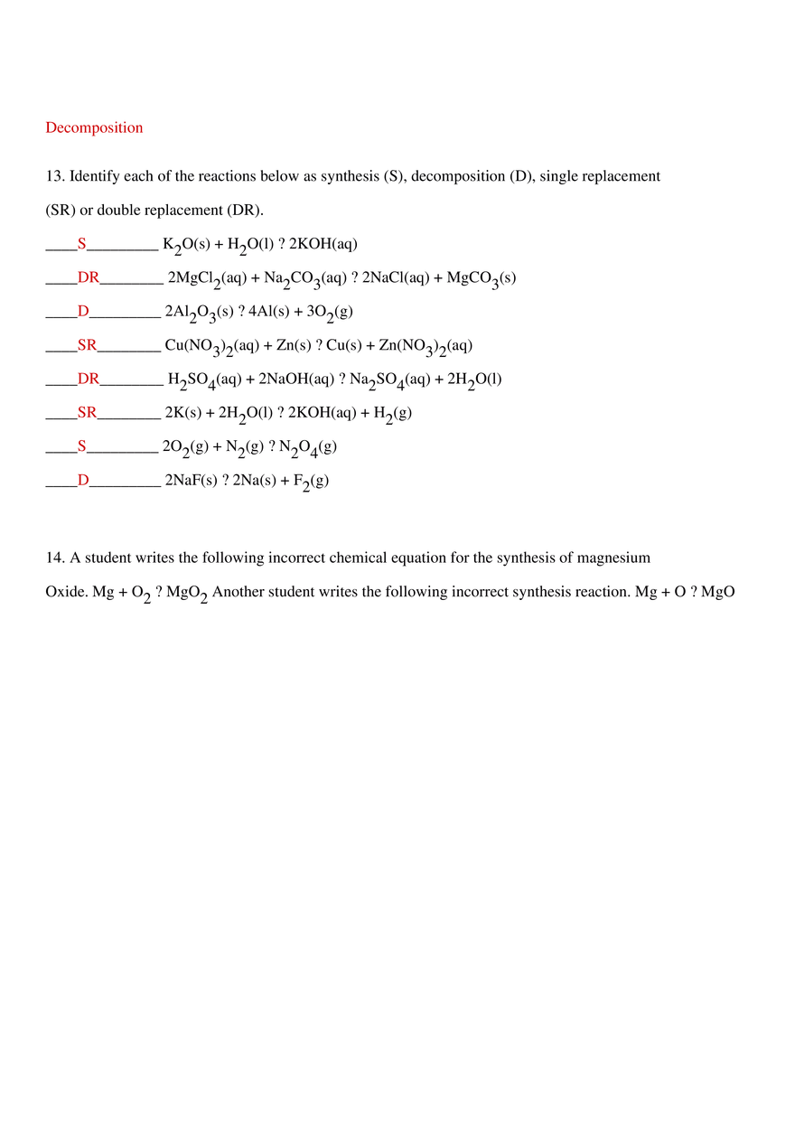 Types of Chemical Reactions Key - Page 8