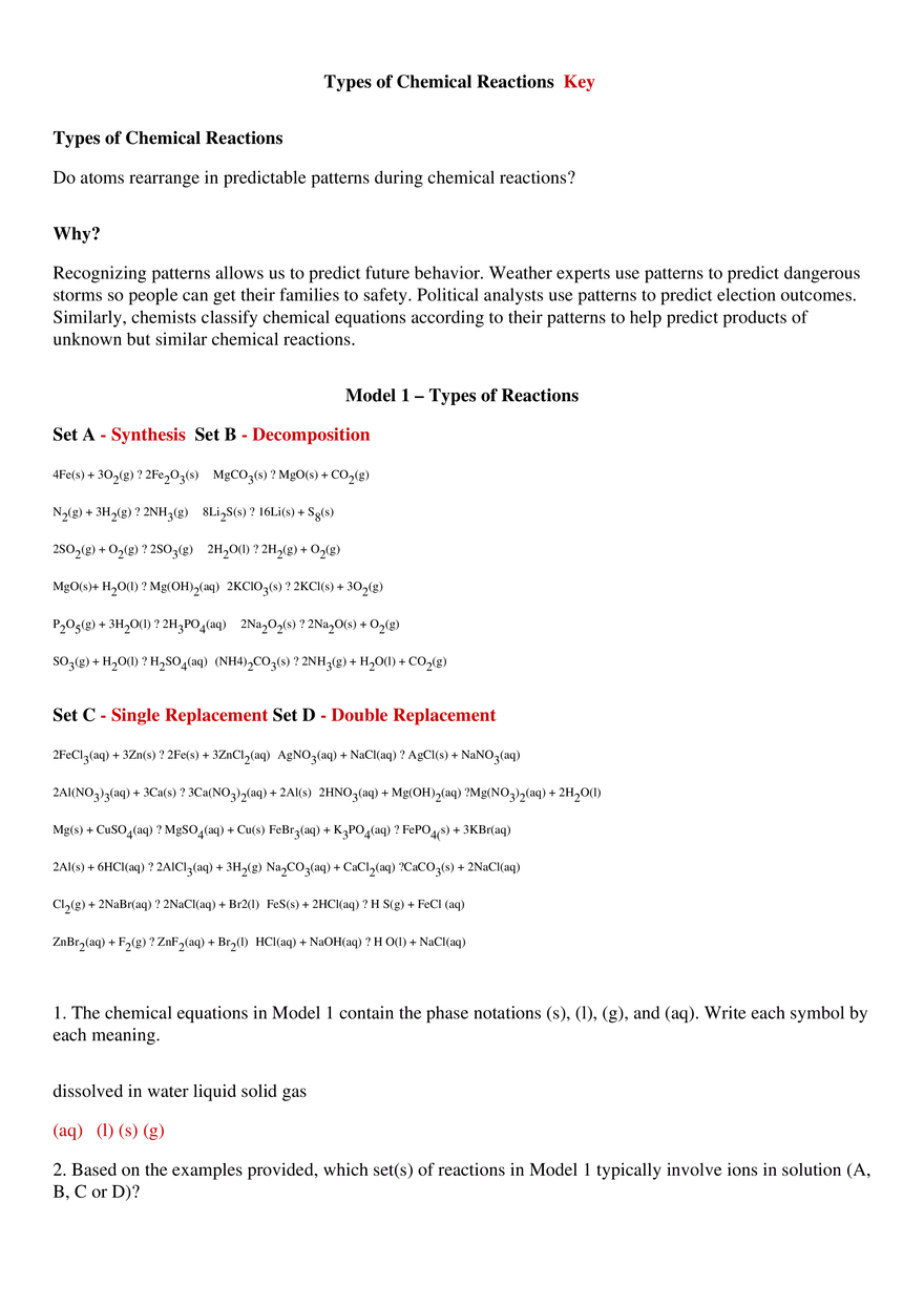 Types of Chemical Reactions Key - Page 1