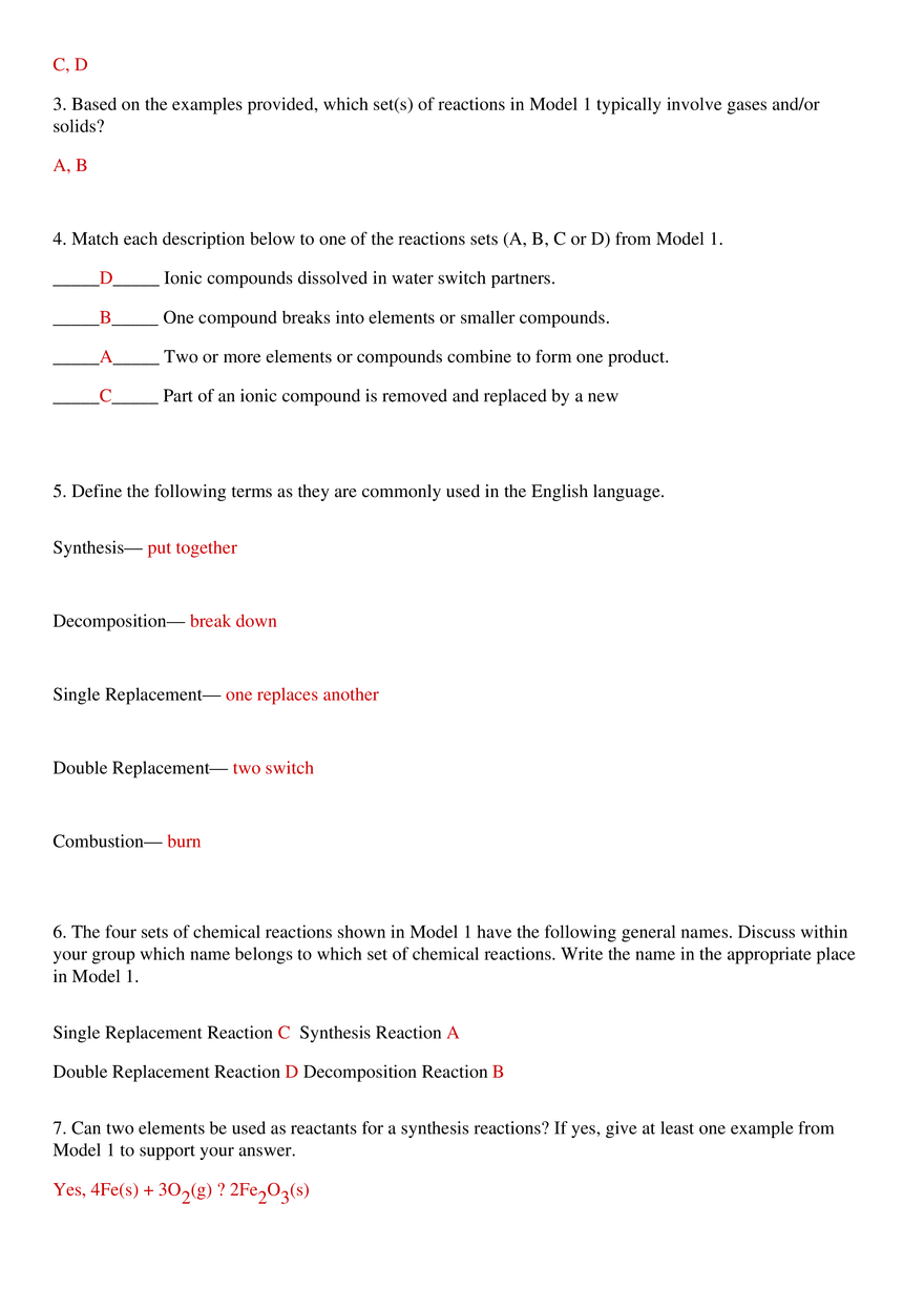 Types of Chemical Reactions Key - Page 2