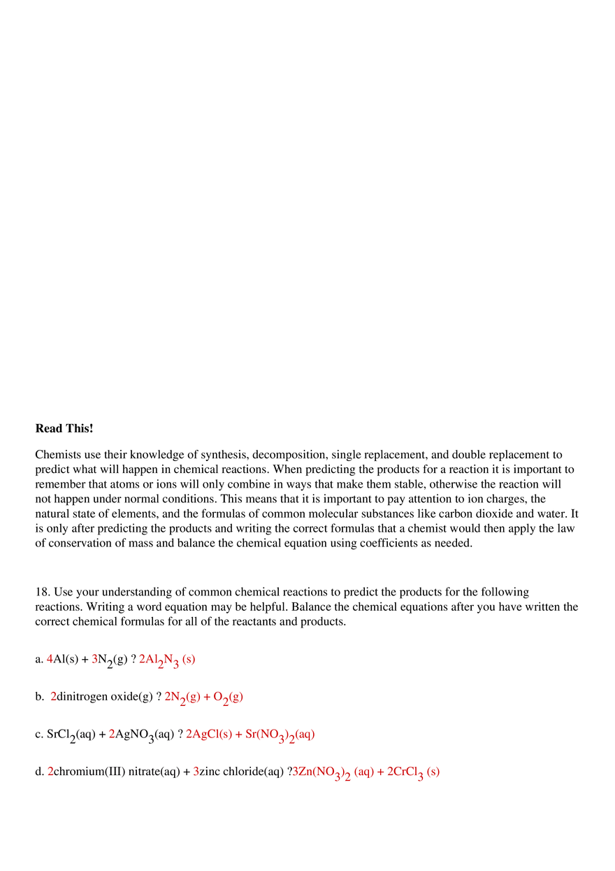 Types of Chemical Reactions Key - Page 3