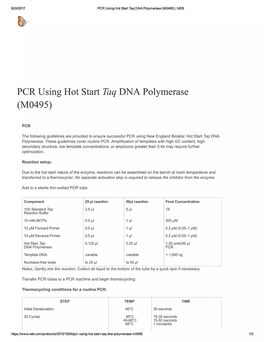 PCR Using Hot Start Taq DNA Polymerase - Page 1