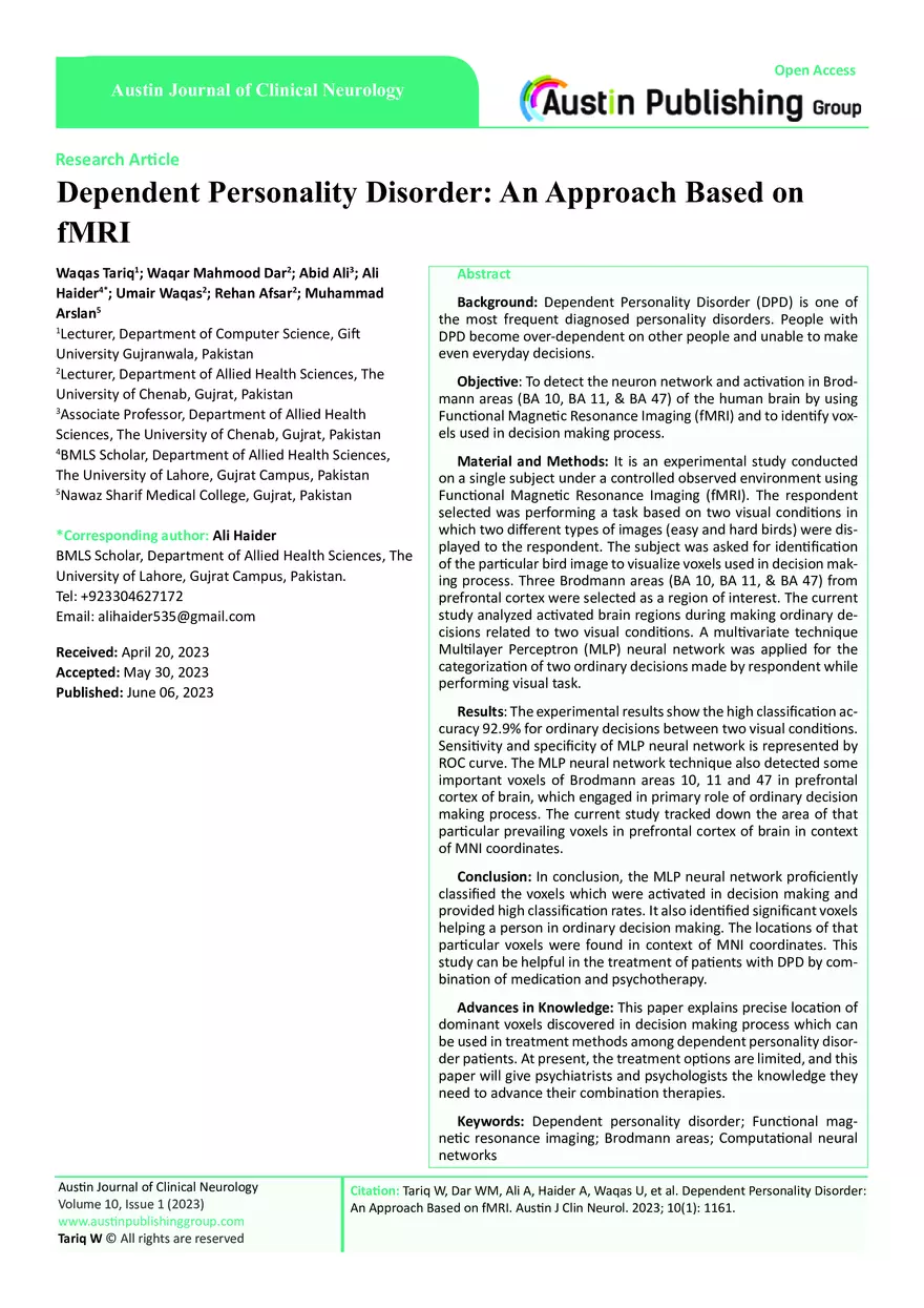 Dependent Personality Disorder: An Approach Based on fMRI - Page 1