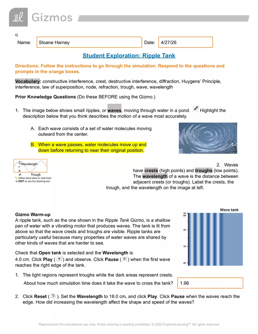 Student Exploration: Ripple Tank - Page 1
