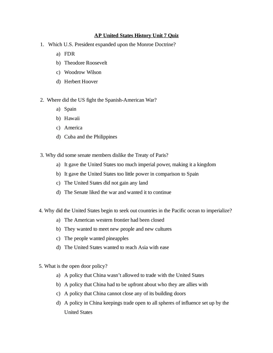 AP United States History Unit 7 Quiz - Page 1
