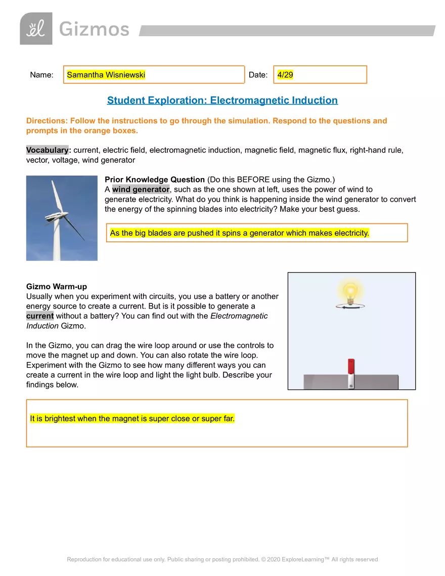 Student Exploration: Electromagnetic Induction - Page 1