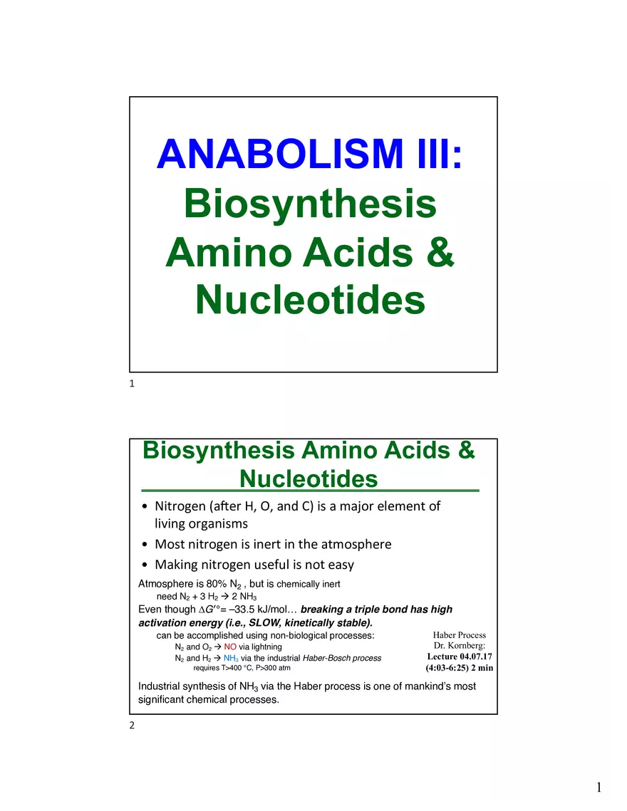 Anabolism III: Biosynthesis Amino Acids & Nucleotides - Page 1