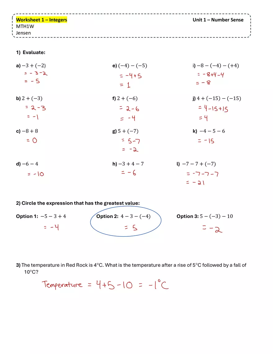 Worksheet 1 - Integers - Page 1