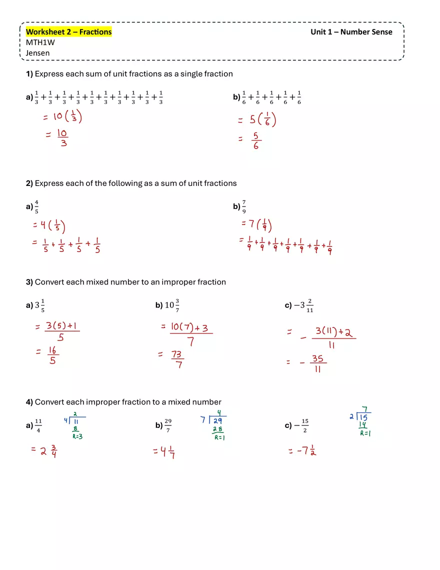 Worksheet 2 - Fractions - Page 1