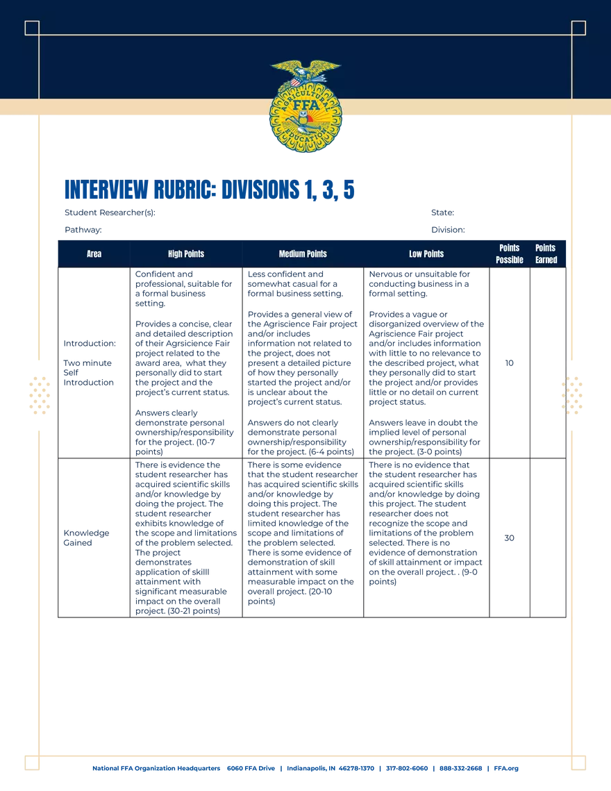 Interview Rubric Divisions 1, 3, 5 (Grades 7-12) - Page 1