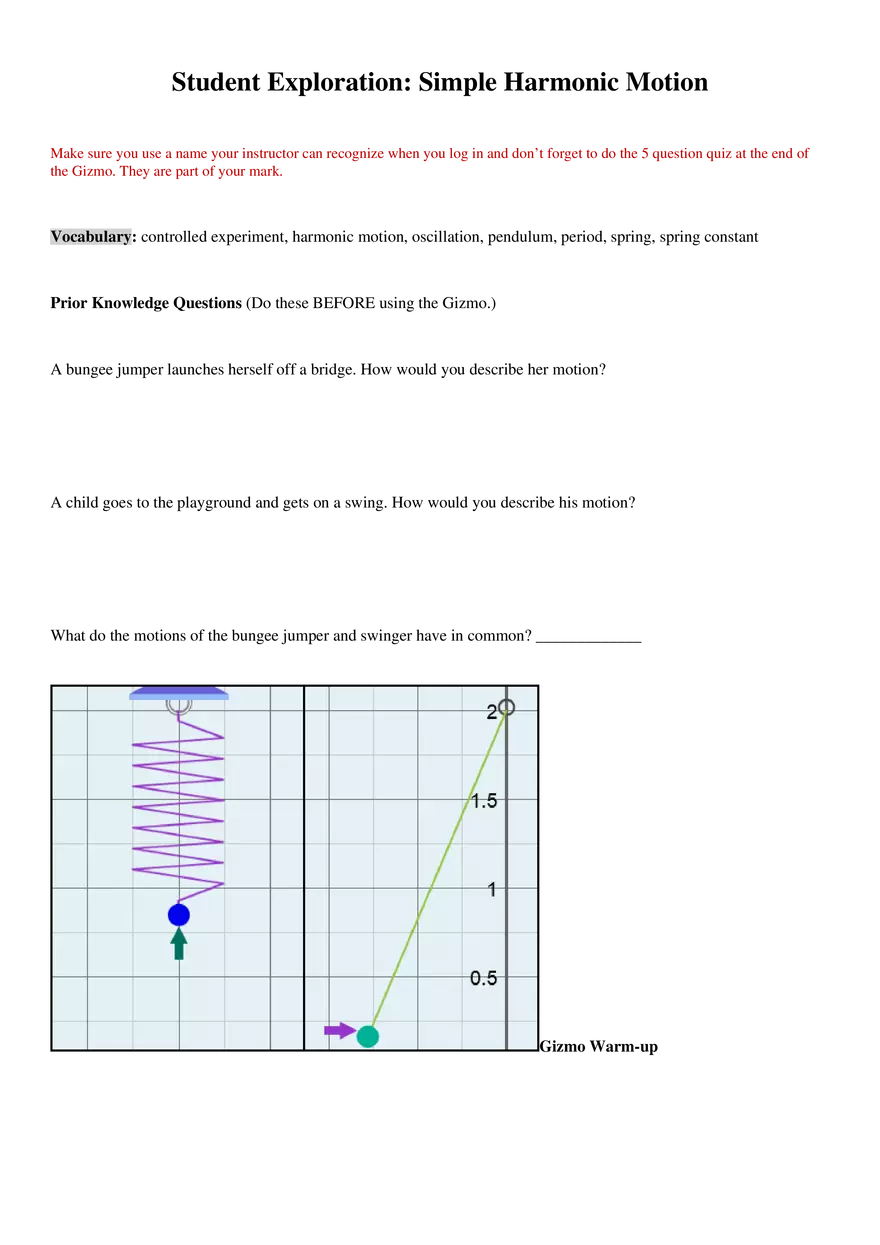 Chapter 6: Simple Harmonic Motion Gizmo - Page 1