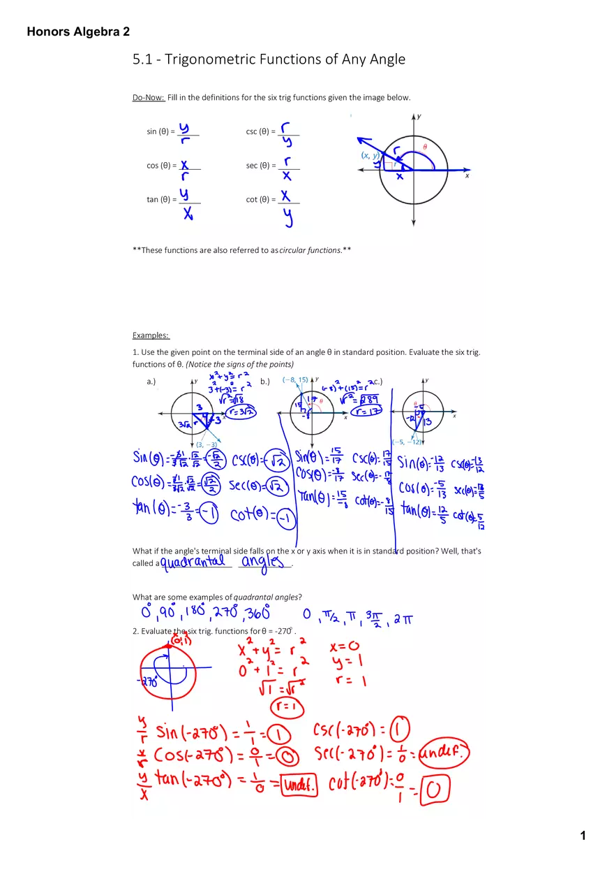 5.1 - Trig Functions of Any Angle Notes Key Day - Page 1