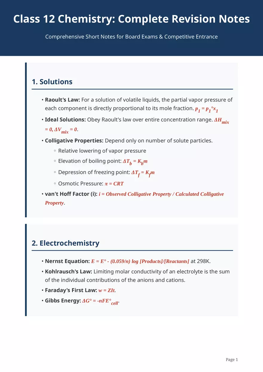 Class 12 Chemistry: Complete Revision Notes - Page 1