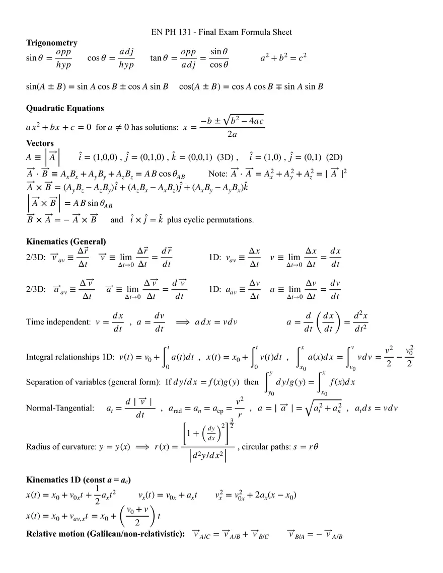 EN PH 131 - Final Exam Formula Sheet - Page 1