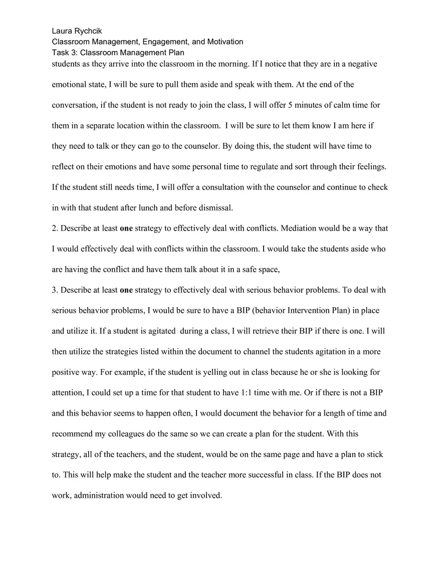 Task 3: Classroom Management Plan - Page 5