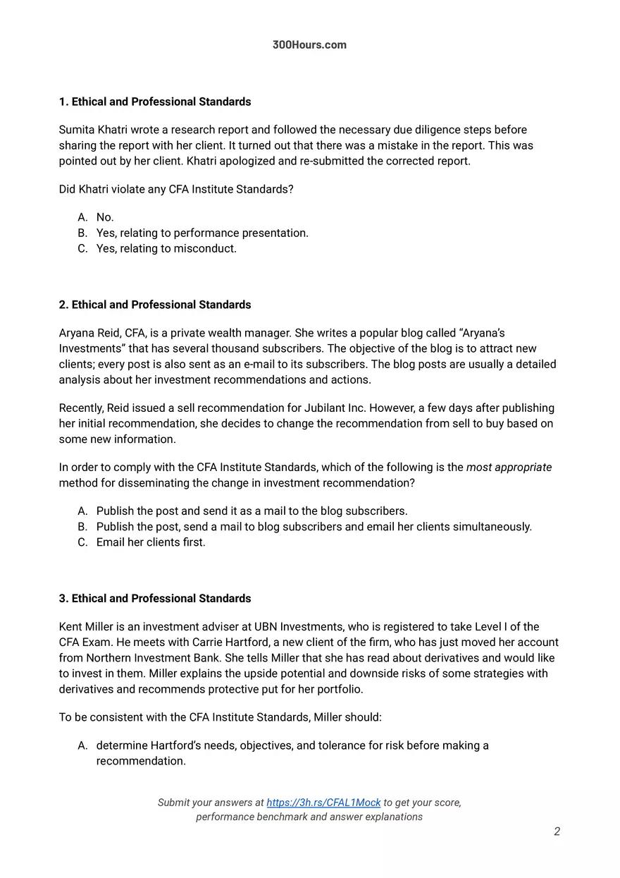 300 Hours - Free CFA Level 1 Mock Exam - Page 2