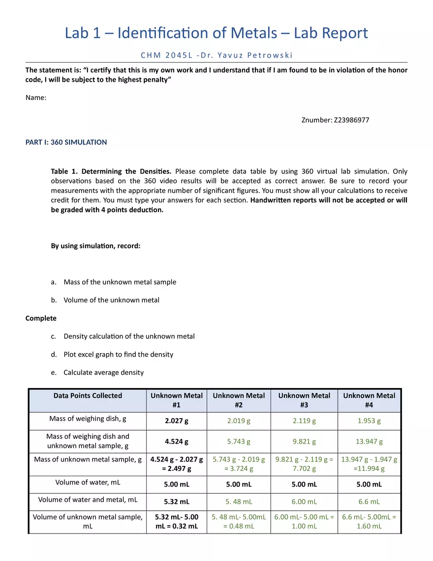 Lab 1 - Identification of Metals - Lab Report - Page 1