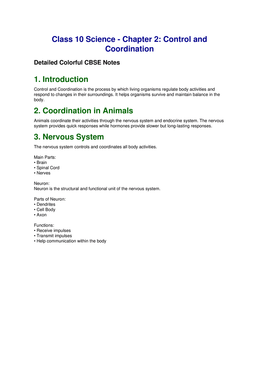 Class 10 Science - Chapter 2: Control and Coordination - Page 1