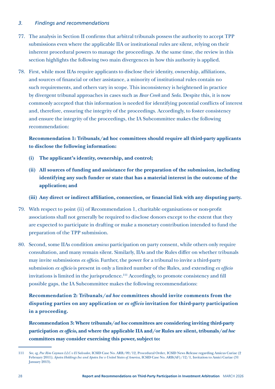 Report and Recommendations on Third-party Participation in Investment Arbitration - Page 21