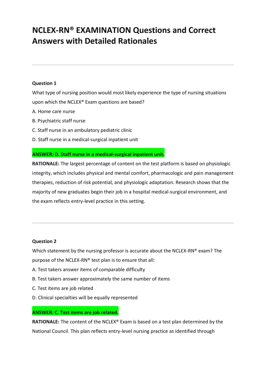 NCLEX-RN Examination Questions and Correct Answers - Page 1