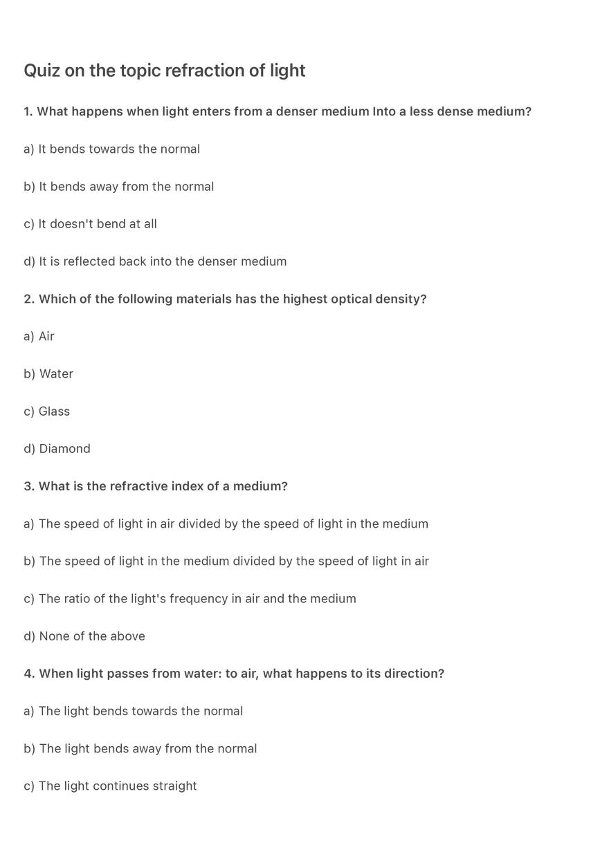 Quiz on the Topic Refraction of Light - Page 1