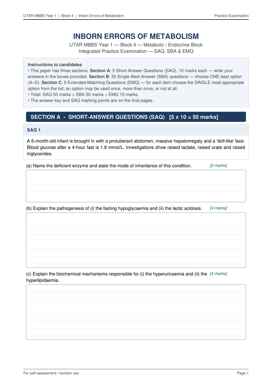 Inborn Errors of Metabolism Practice Exam with Answers - Page 1
