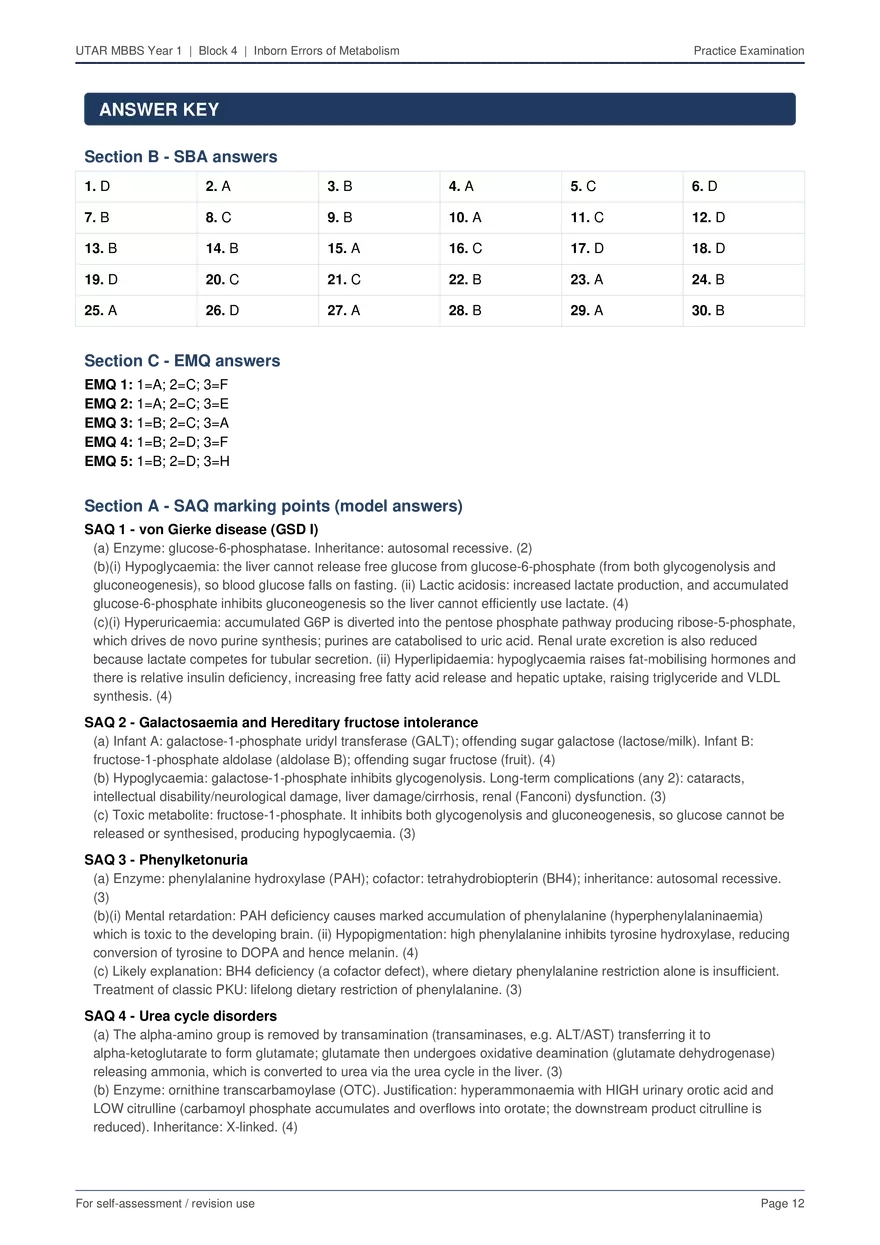 Inborn Errors of Metabolism Practice Exam with Answers - Page 4