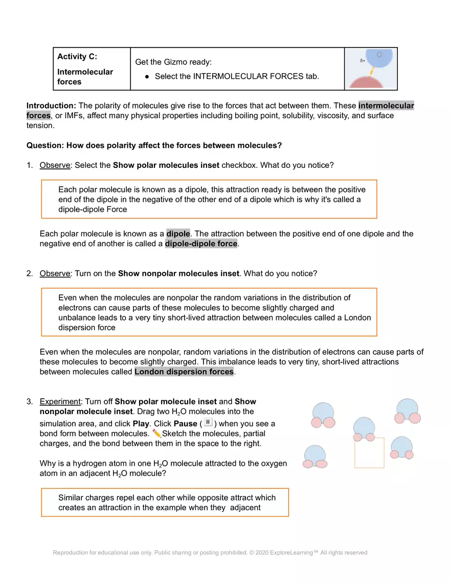 Student Exploration: Polarity and Intermolecular Forces - Page 7