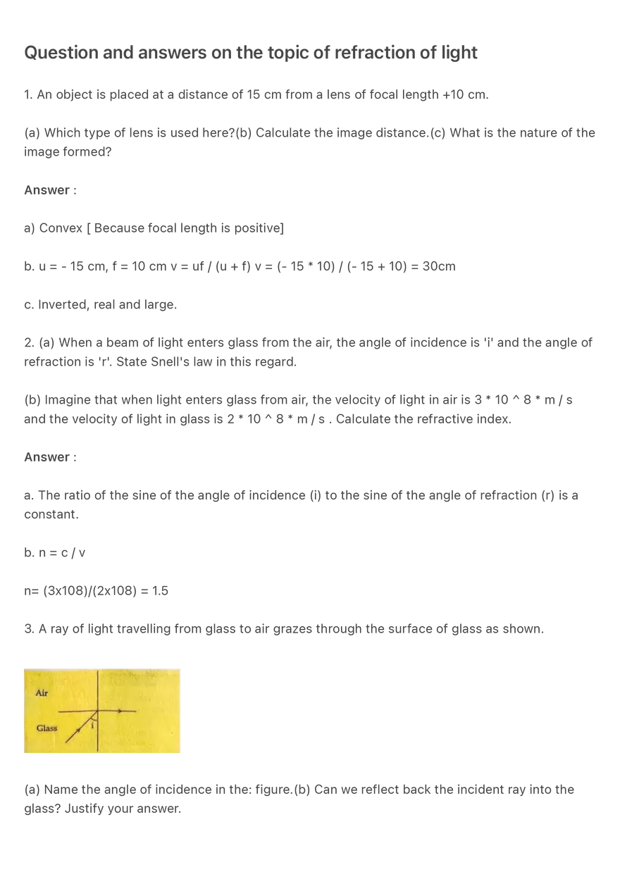 Question and Answers on the Topic of Refraction of Light - Page 1