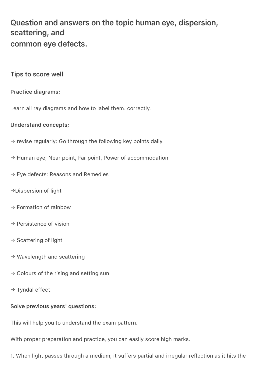 Question and Answers on the Topic Human Eye - Page 1